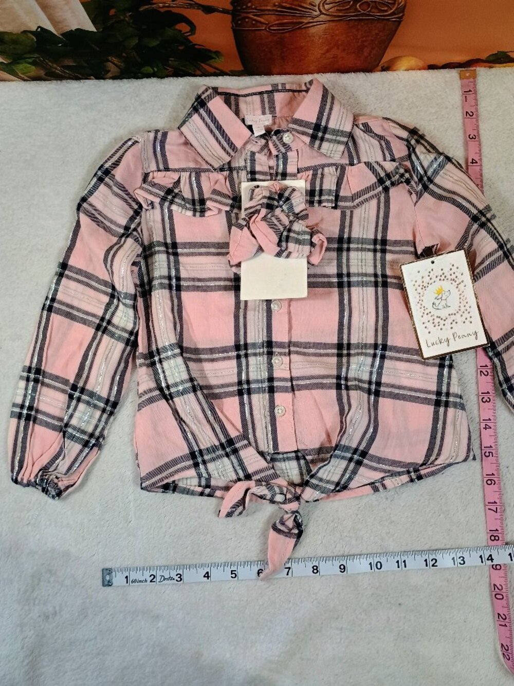 NWT Girls Lucky Penny Sz 4 Pink Metallic Plaid Tie Front Ruffle Shirt